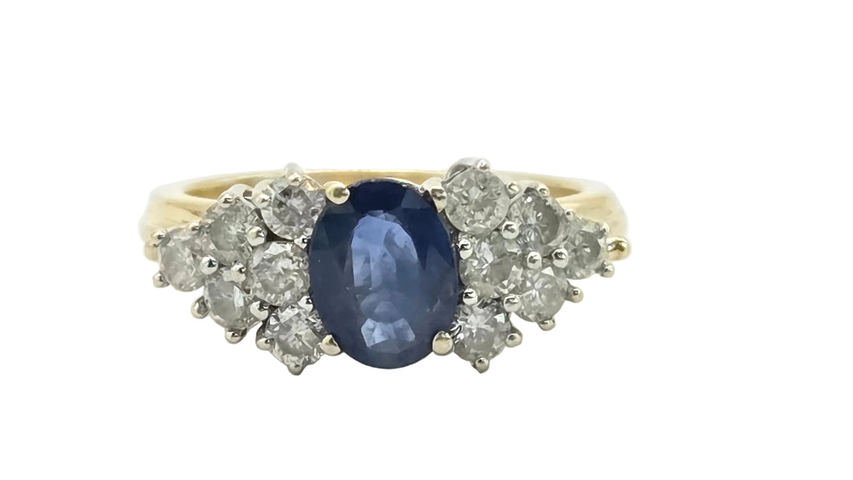 Vintage: 18ct Yellow Gold Sapphire 1.17ct & Diamond 0.85ct Trefoil Cluster Dress Ring
