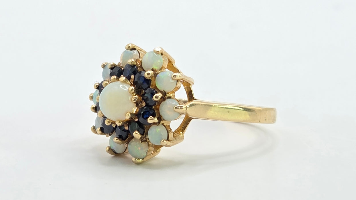 Vintage: 9ct Yellow Gold Sapphire & Opal Cluster Ring — From 1974
