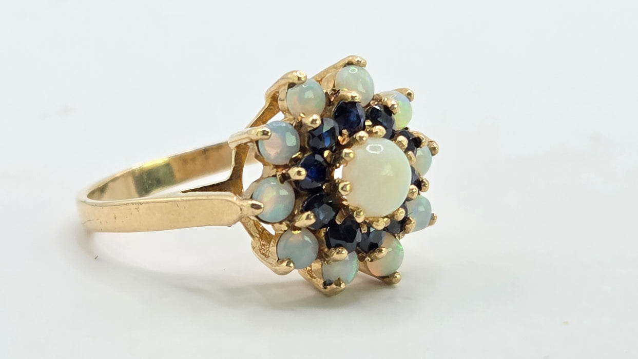Vintage: 9ct Yellow Gold Sapphire & Opal Cluster Ring — From 1974