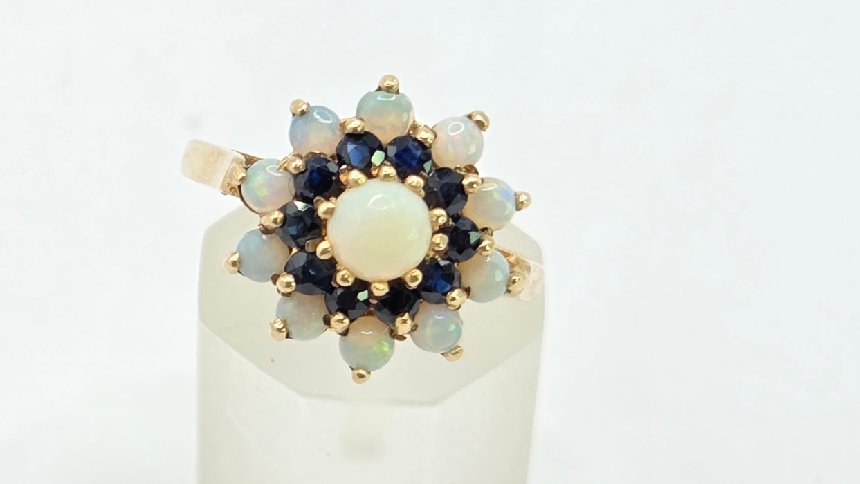 Vintage: 9ct Yellow Gold Sapphire & Opal Cluster Ring — From 1974