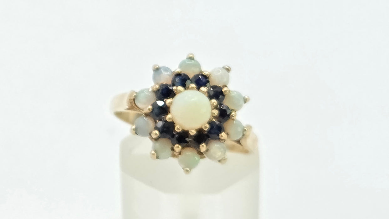 Vintage: 9ct Yellow Gold Sapphire & Opal Cluster Ring — From 1974