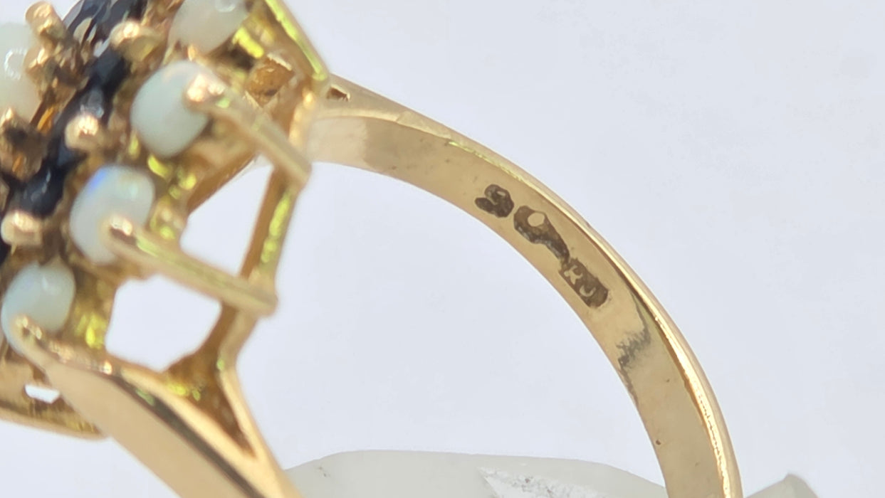 Vintage: 9ct Yellow Gold Sapphire & Opal Cluster Ring — From 1974