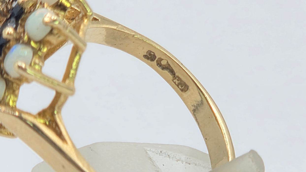 Vintage: 9ct Yellow Gold Sapphire & Opal Cluster Ring — From 1974