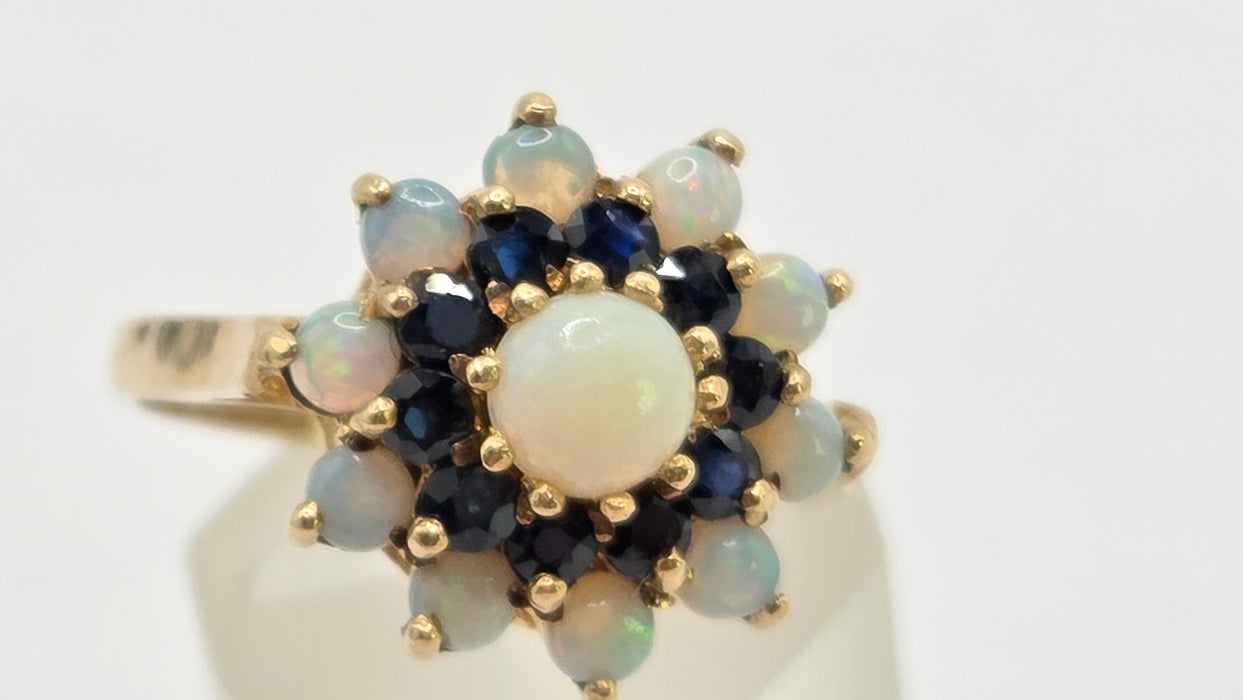 Vintage: 9ct Yellow Gold Sapphire & Opal Cluster Ring — From 1974