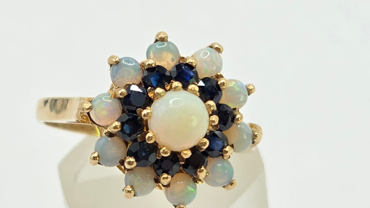 Vintage: 9ct Yellow Gold Sapphire & Opal Cluster Ring — From 1974