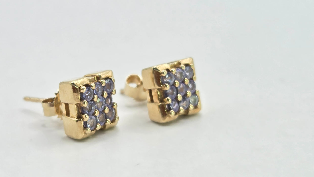 Vintage: 9ct Yellow Gold Square Tanzanite Stud Earrings