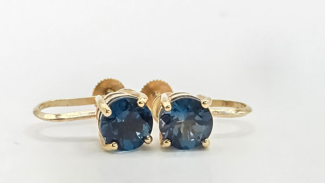Vintage: 9ct Yellow Gold London Blue Topaz Screw Stud Earrings