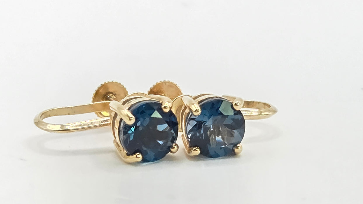 Vintage: 9ct Yellow Gold London Blue Topaz Screw Stud Earrings