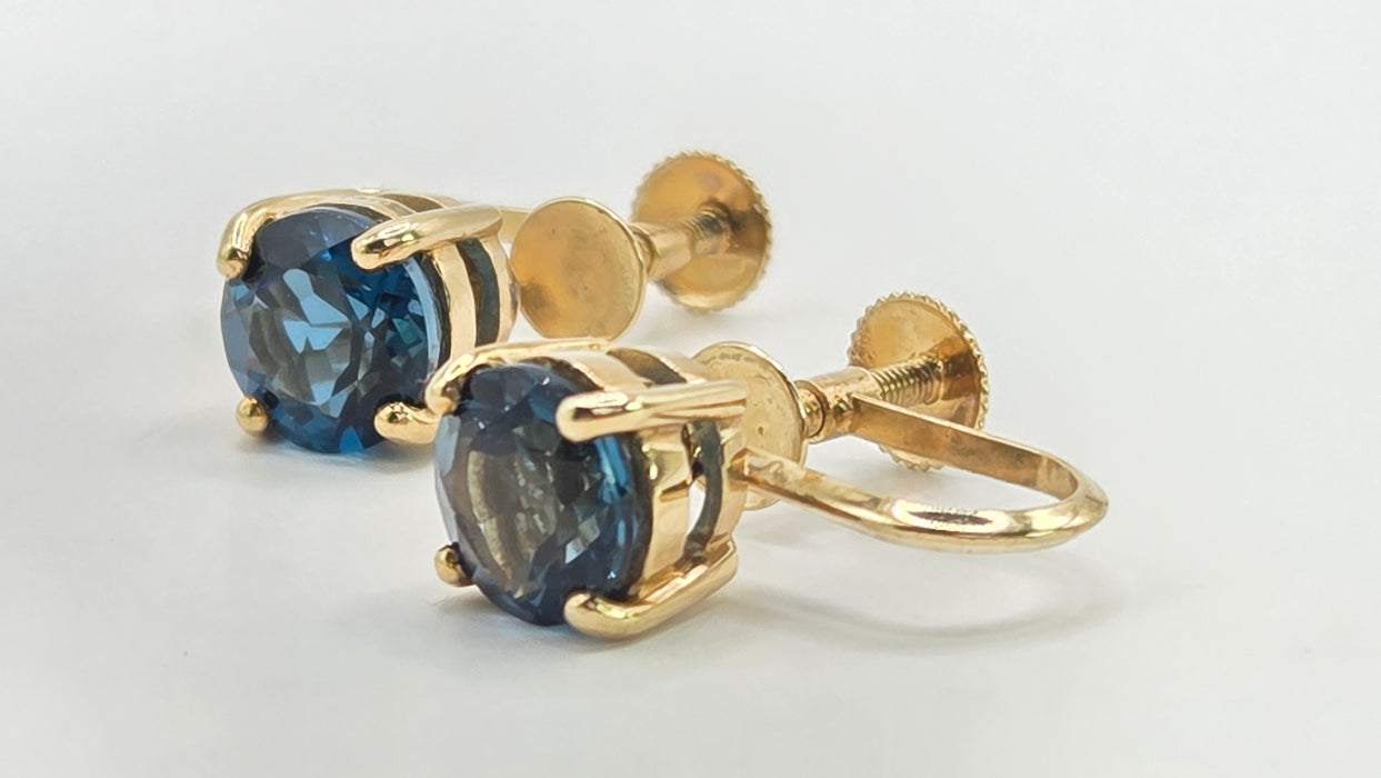 Vintage: 9ct Yellow Gold London Blue Topaz Screw Stud Earrings