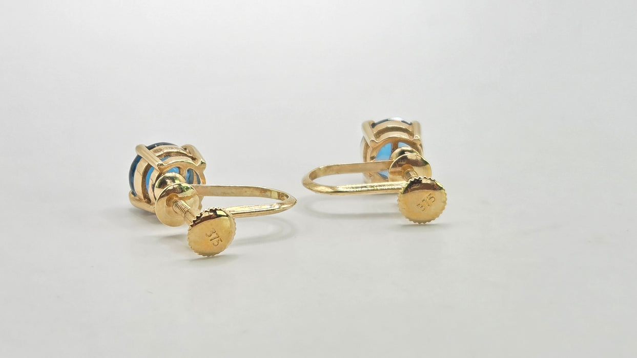 Vintage: 9ct Yellow Gold London Blue Topaz Screw Stud Earrings
