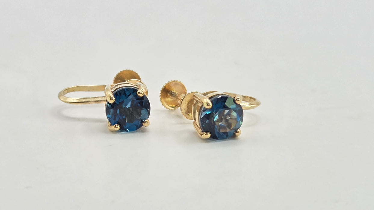 Vintage: 9ct Yellow Gold London Blue Topaz Screw Stud Earrings