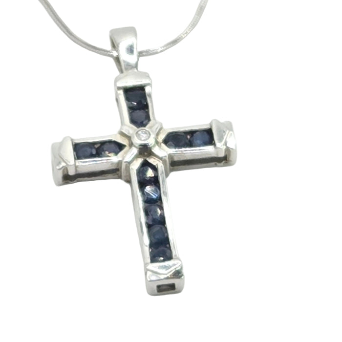 Vintage: 9ct White Gold Sapphire & Diamond Cross Pendant with Snake Chain