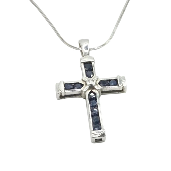 Vintage: 9ct White Gold Sapphire & Diamond Cross Pendant with Snake Chain
