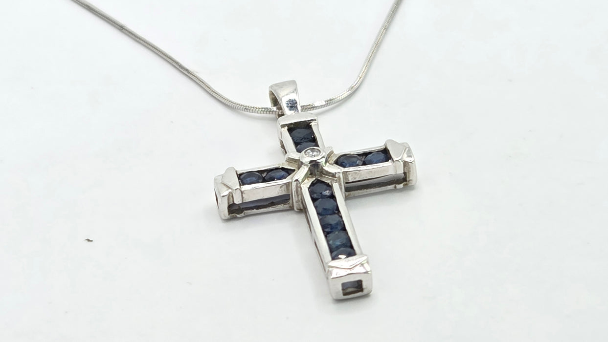 Vintage: 9ct White Gold Sapphire & Diamond Cross Pendant with Snake Chain