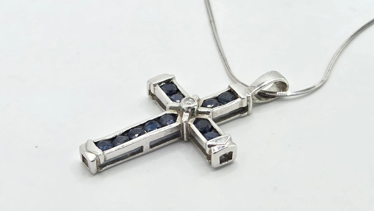 Vintage: 9ct White Gold Sapphire & Diamond Cross Pendant with Snake Chain