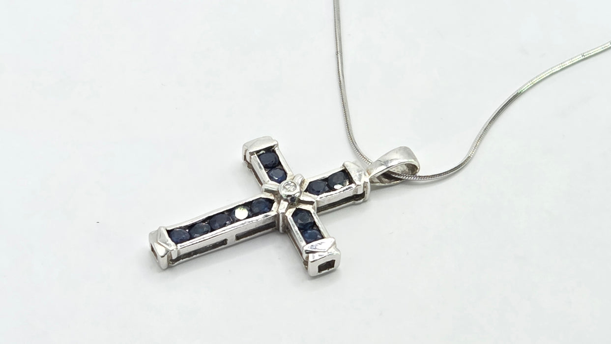 Vintage: 9ct White Gold Sapphire & Diamond Cross Pendant with Snake Chain