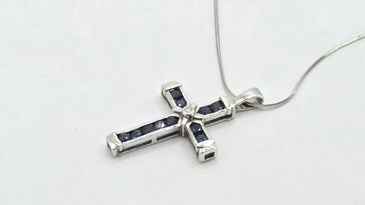 Vintage: 9ct White Gold Sapphire & Diamond Cross Pendant with Snake Chain