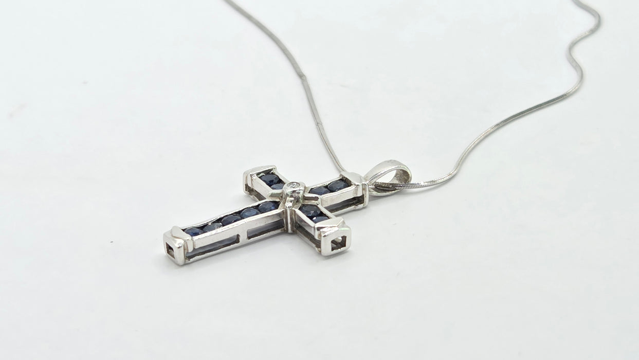 Vintage: 9ct White Gold Sapphire & Diamond Cross Pendant with Snake Chain