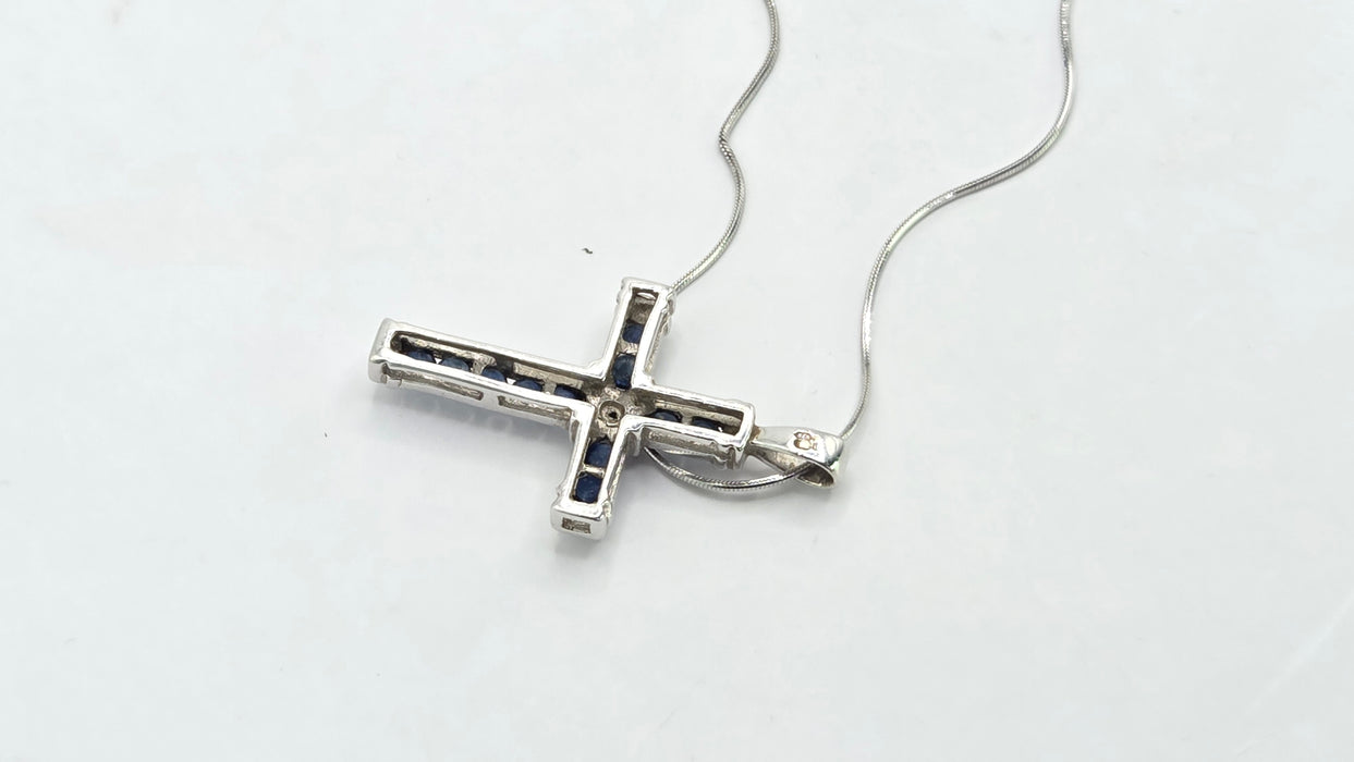 Vintage: 9ct White Gold Sapphire & Diamond Cross Pendant with Snake Chain