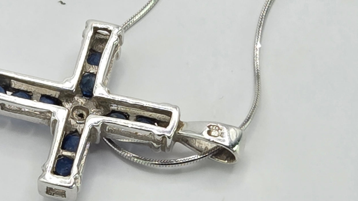 Vintage: 9ct White Gold Sapphire & Diamond Cross Pendant with Snake Chain