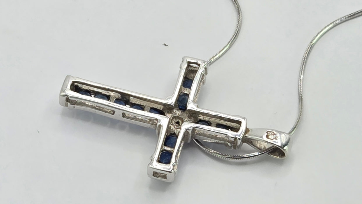 Vintage: 9ct White Gold Sapphire & Diamond Cross Pendant with Snake Chain