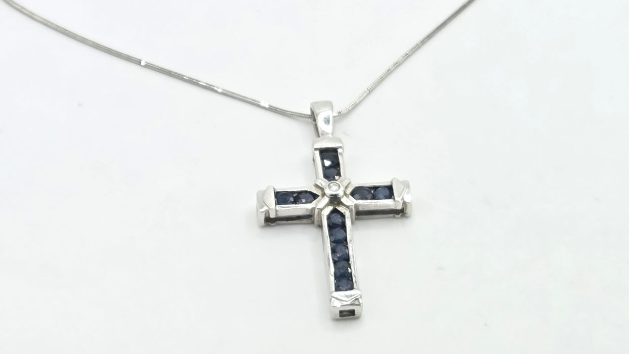 Vintage: 9ct White Gold Sapphire & Diamond Cross Pendant with Snake Chain