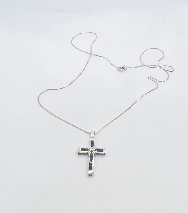 Vintage: 9ct White Gold Sapphire & Diamond Cross Pendant with Snake Chain