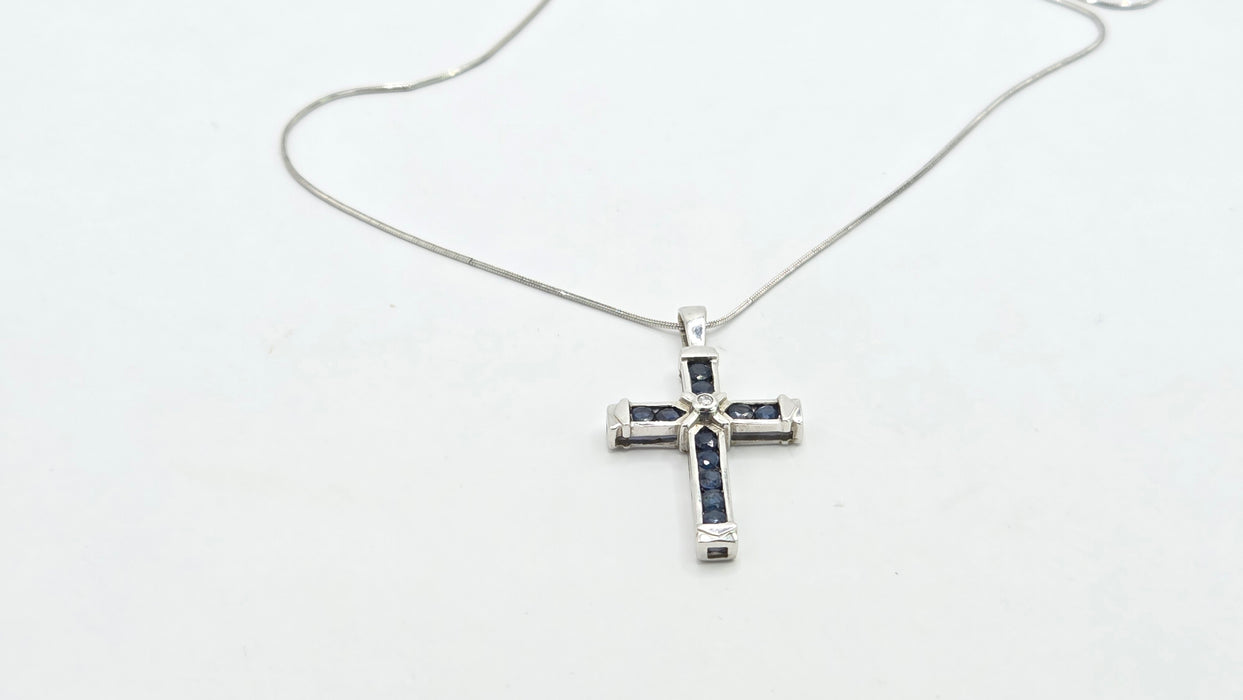 Vintage: 9ct White Gold Sapphire & Diamond Cross Pendant with Snake Chain