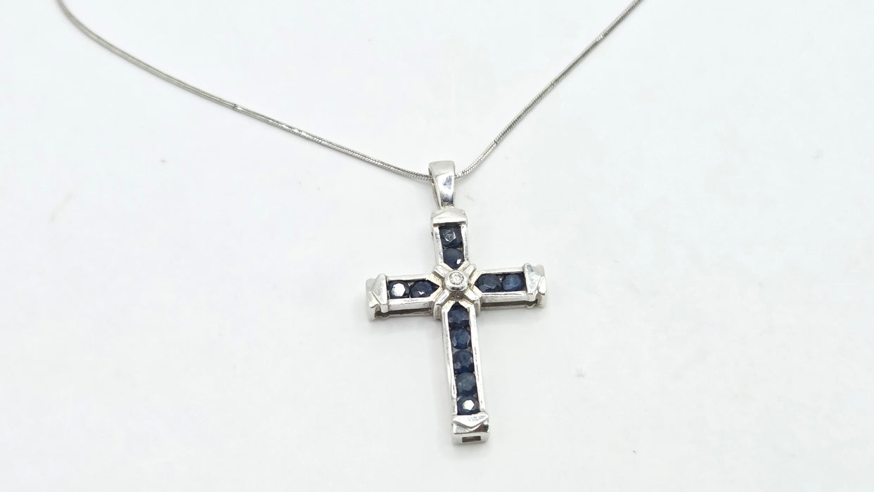 Vintage: 9ct White Gold Sapphire & Diamond Cross Pendant with Snake Chain