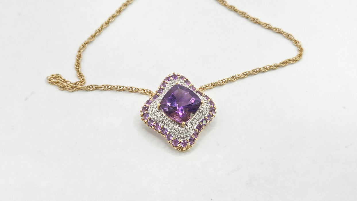 Vintage: 9ct Yellow Gold Amethyst & 48 Diamond Pendant with Chain