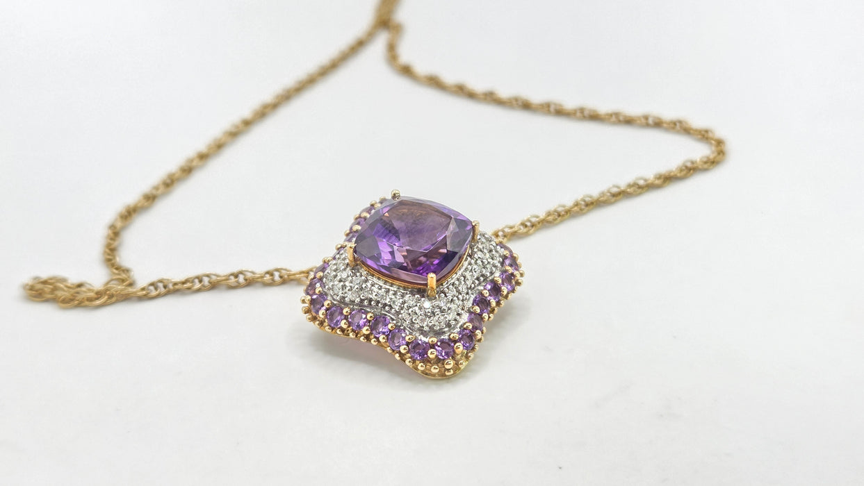 Vintage: 9ct Yellow Gold Amethyst & 48 Diamond Pendant with Chain