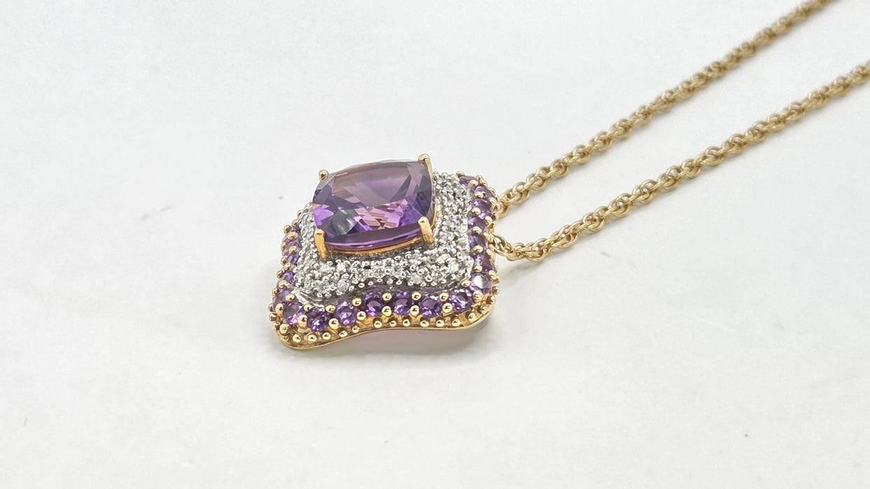 Vintage: 9ct Yellow Gold Amethyst & 48 Diamond Pendant with Chain