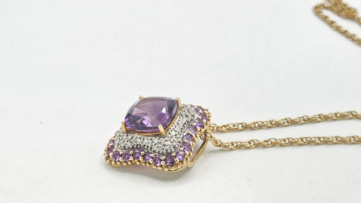 Vintage: 9ct Yellow Gold Amethyst & 48 Diamond Pendant with Chain