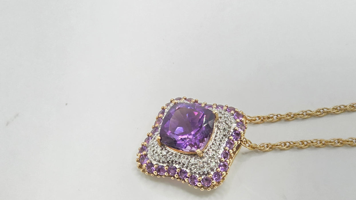 Vintage: 9ct Yellow Gold Amethyst & 48 Diamond Pendant with Chain