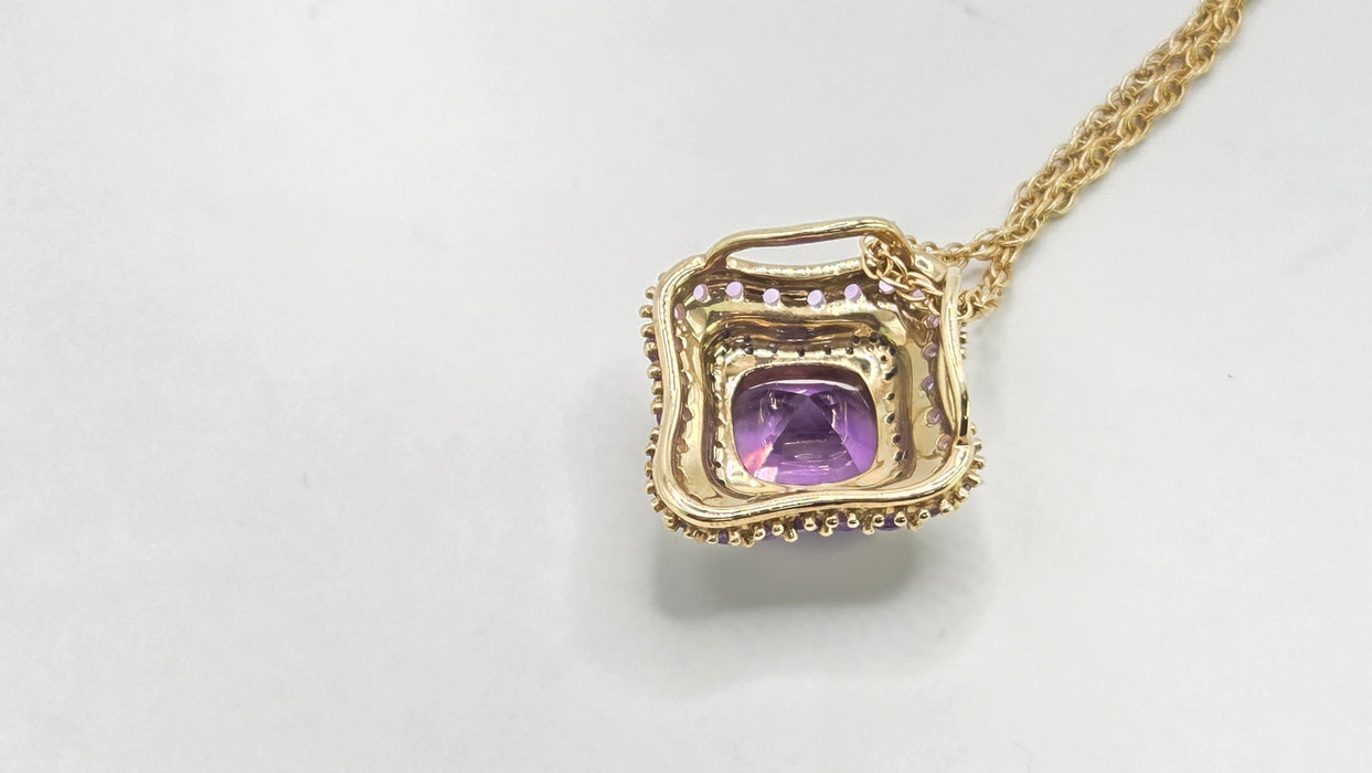 Vintage: 9ct Yellow Gold Amethyst & 48 Diamond Pendant with Chain