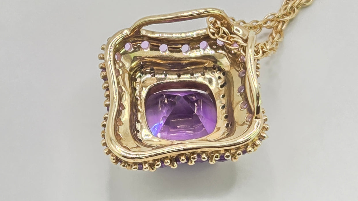 Vintage: 9ct Yellow Gold Amethyst & 48 Diamond Pendant with Chain