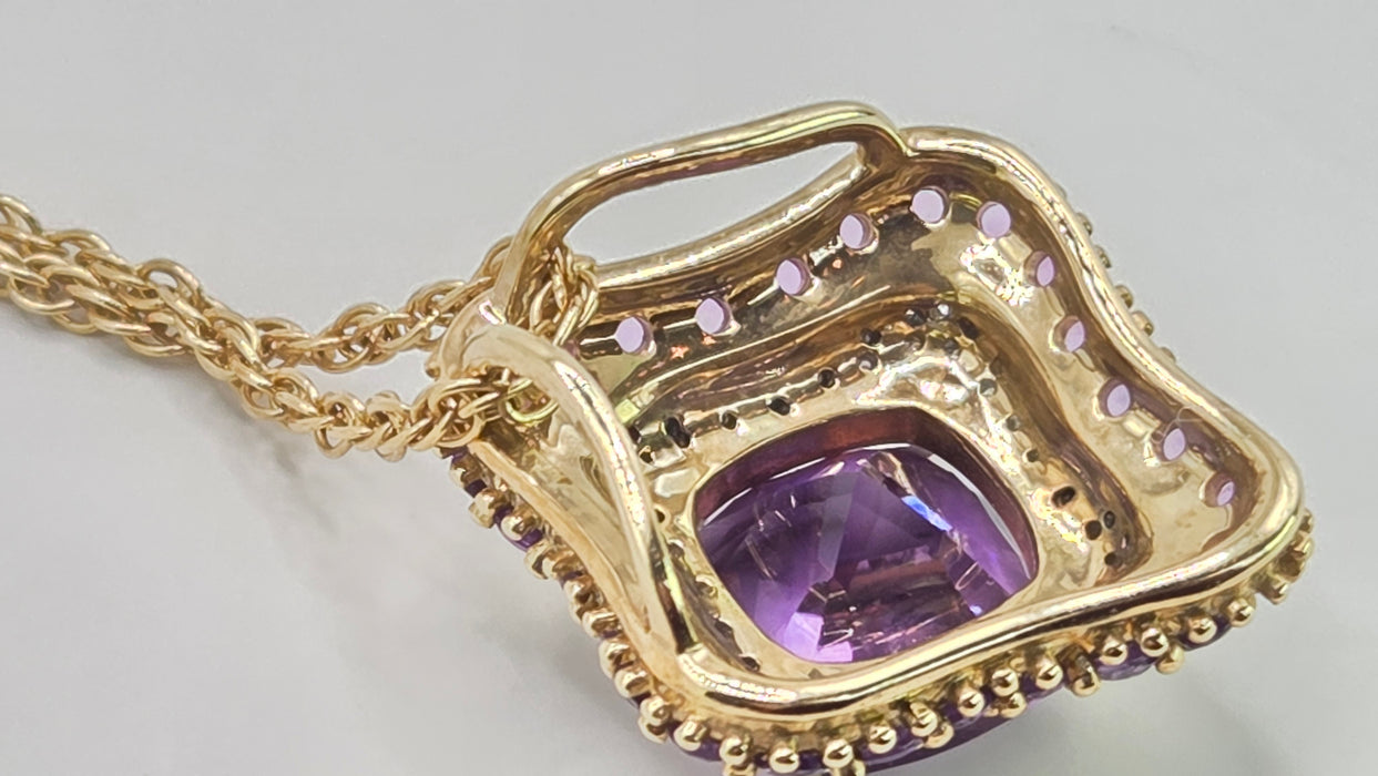 Vintage: 9ct Yellow Gold Amethyst & 48 Diamond Pendant with Chain