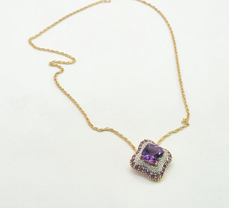 Vintage: 9ct Yellow Gold Amethyst & 48 Diamond Pendant with Chain