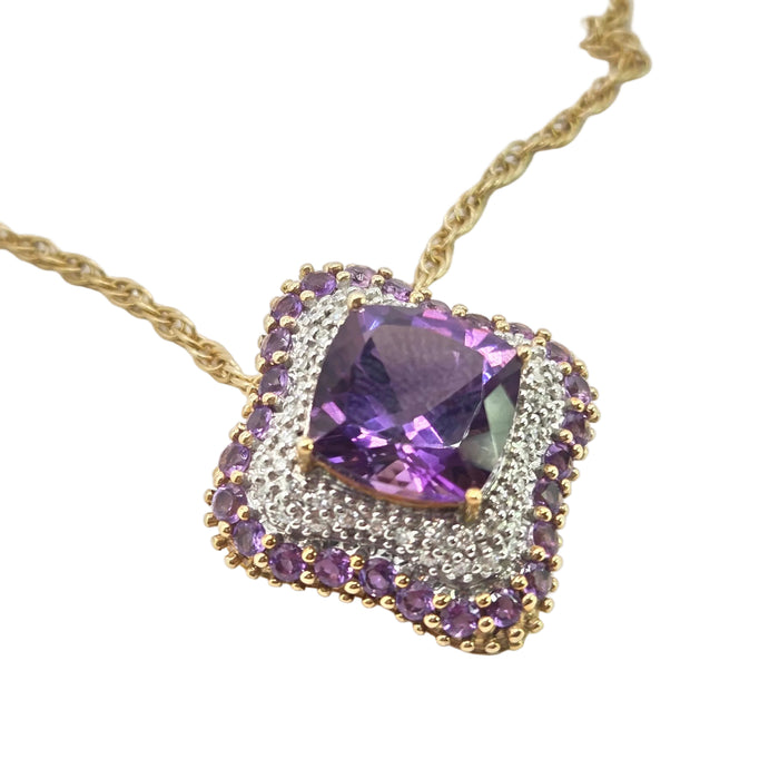 Vintage: 9ct Yellow Gold Amethyst & 48 Diamond Pendant with Chain