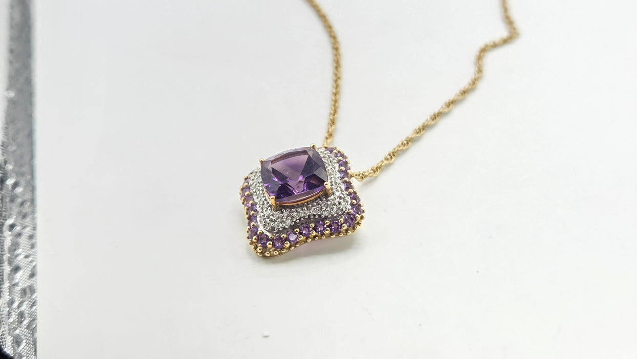 Vintage: 9ct Yellow Gold Amethyst & 48 Diamond Pendant with Chain