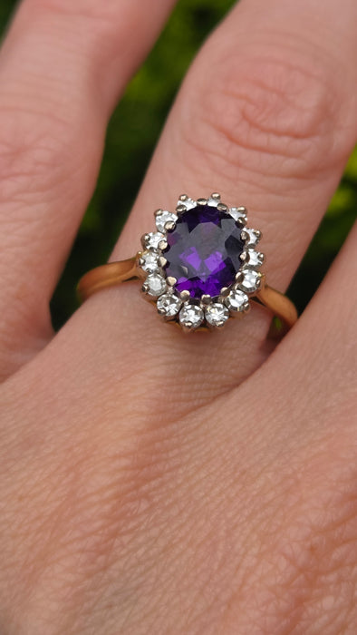 Vintage: 18ct Yellow Gold Amethyst 1.65ct & Diamond 0.56ct Oval Cluster Ring — From 1973
