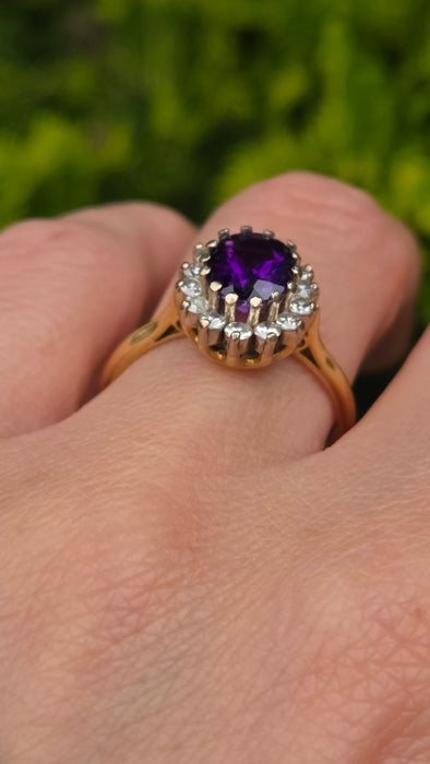 Vintage: 18ct Yellow Gold Amethyst 1.65ct & Diamond 0.56ct Oval Cluster Ring — From 1973