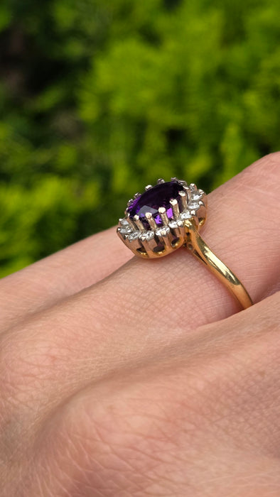 Vintage: 18ct Yellow Gold Amethyst 1.65ct & Diamond 0.56ct Oval Cluster Ring — From 1973