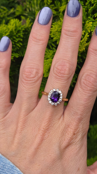 Vintage: 18ct Yellow Gold Amethyst 1.65ct & Diamond 0.56ct Oval Cluster Ring — From 1973