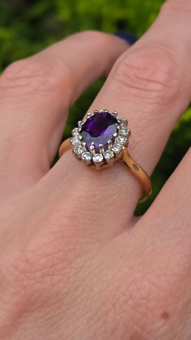 Vintage: 18ct Yellow Gold Amethyst 1.65ct & Diamond 0.56ct Oval Cluster Ring — From 1973