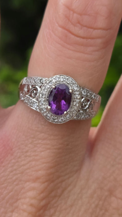 Vintage: 14ct White Gold Amethyst & Diamond Scroll Ring — 0.24ct