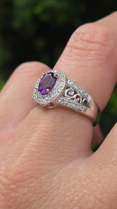Vintage: 14ct White Gold Amethyst & Diamond Scroll Ring — 0.24ct