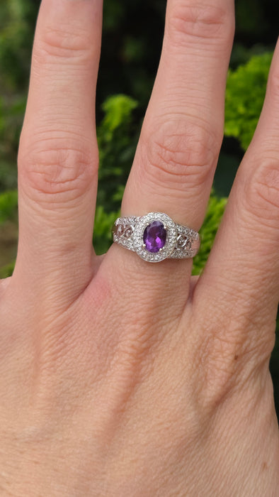 Vintage: 14ct White Gold Amethyst & Diamond Scroll Ring — 0.24ct