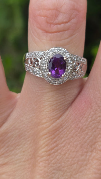 Vintage: 14ct White Gold Amethyst & Diamond Scroll Ring — 0.24ct