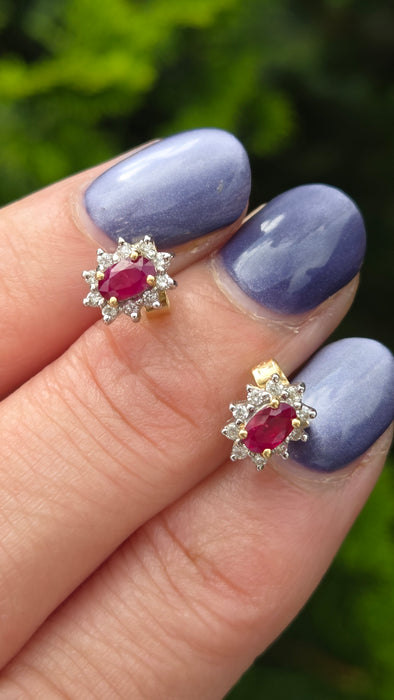 Vintage: 18ct Yellow Gold Ruby & Diamond Oval Cluster Stud Earrings — From 1995